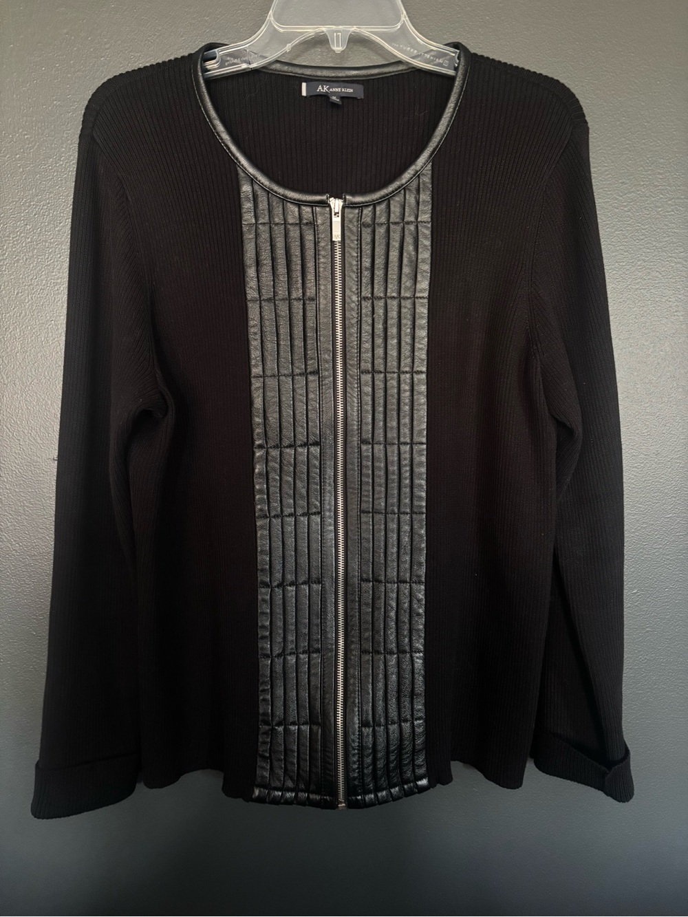 AK Anne Klein Black Leather Front Zip Cardigan